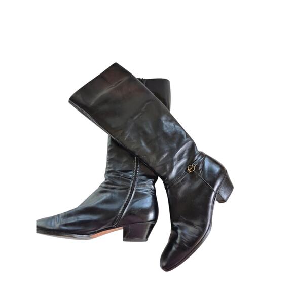 Ferragamo Boots Womens 7 B Black Italian Leather Knee High Mid Heel Quiet Luxury - Picture 2 of 10